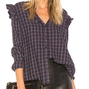 Paige Large Ruffle Blue Purple Plaid Button Down Flannel